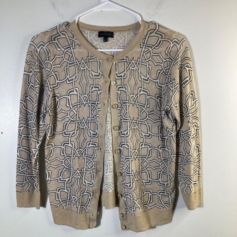 Womens The Limited Linen Blend Cropped Cardigan 3/4 Sleeve S Tan White Black Pat